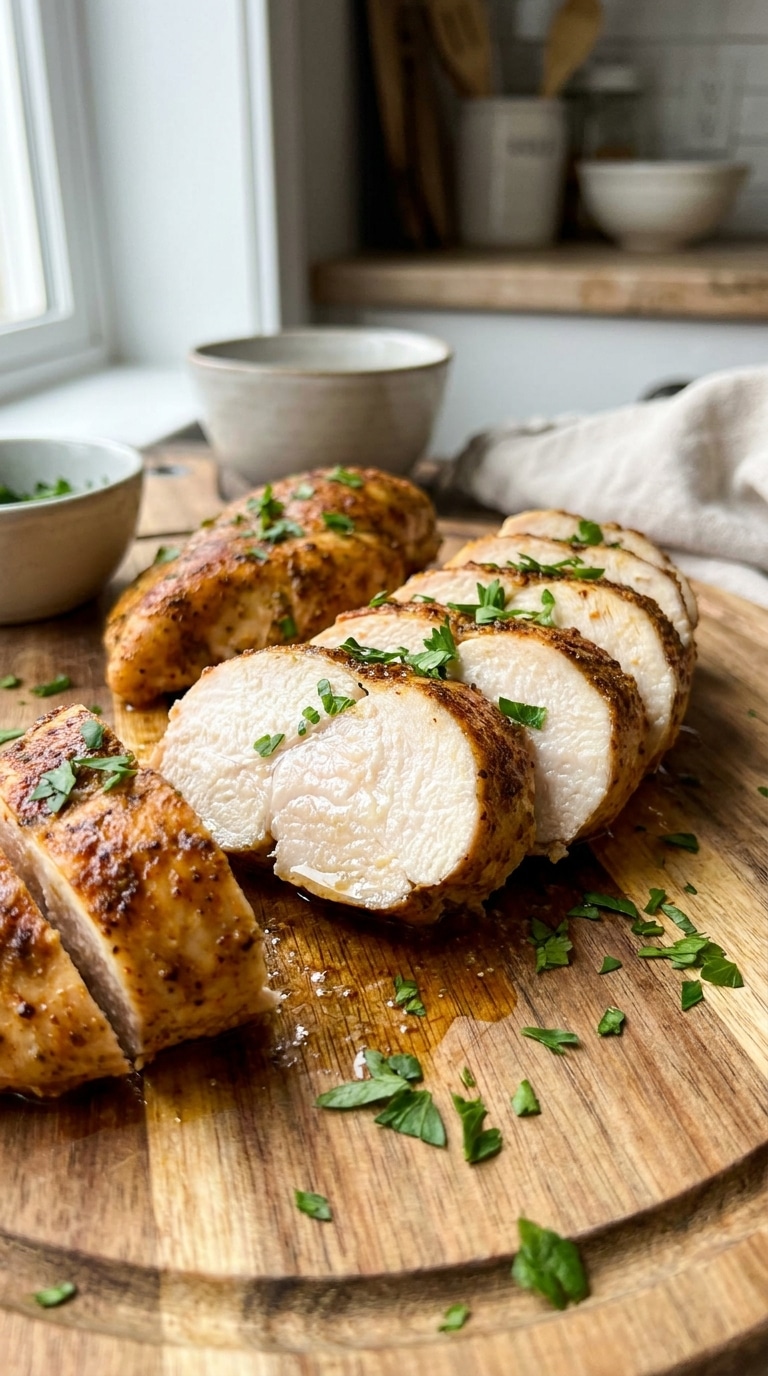 A close-up of a sliced, golden-brown baked chicken breast on a wooden cutting board, showing a very juicy interior.
