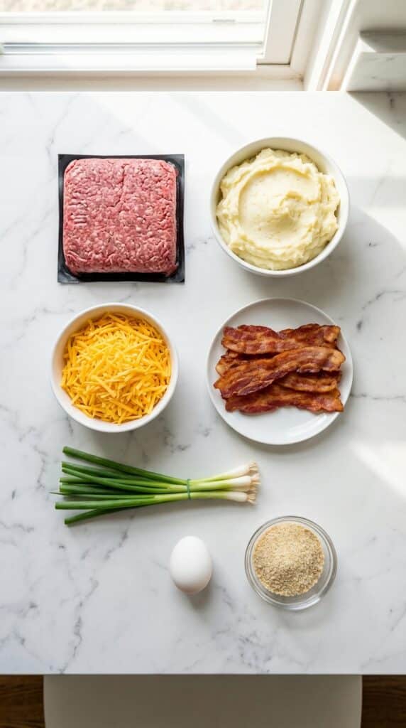 A flat lay showing ground beef, mashed potatoes, shredded cheddar cheese, bacon strips, fresh green onions, an egg, and breadcrumbs on a marble board.