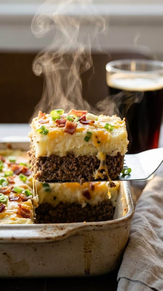 A close-up of a spatula lifting a square slice of meatloaf casserole, showing the distinct layers of beef and mashed potatoes.