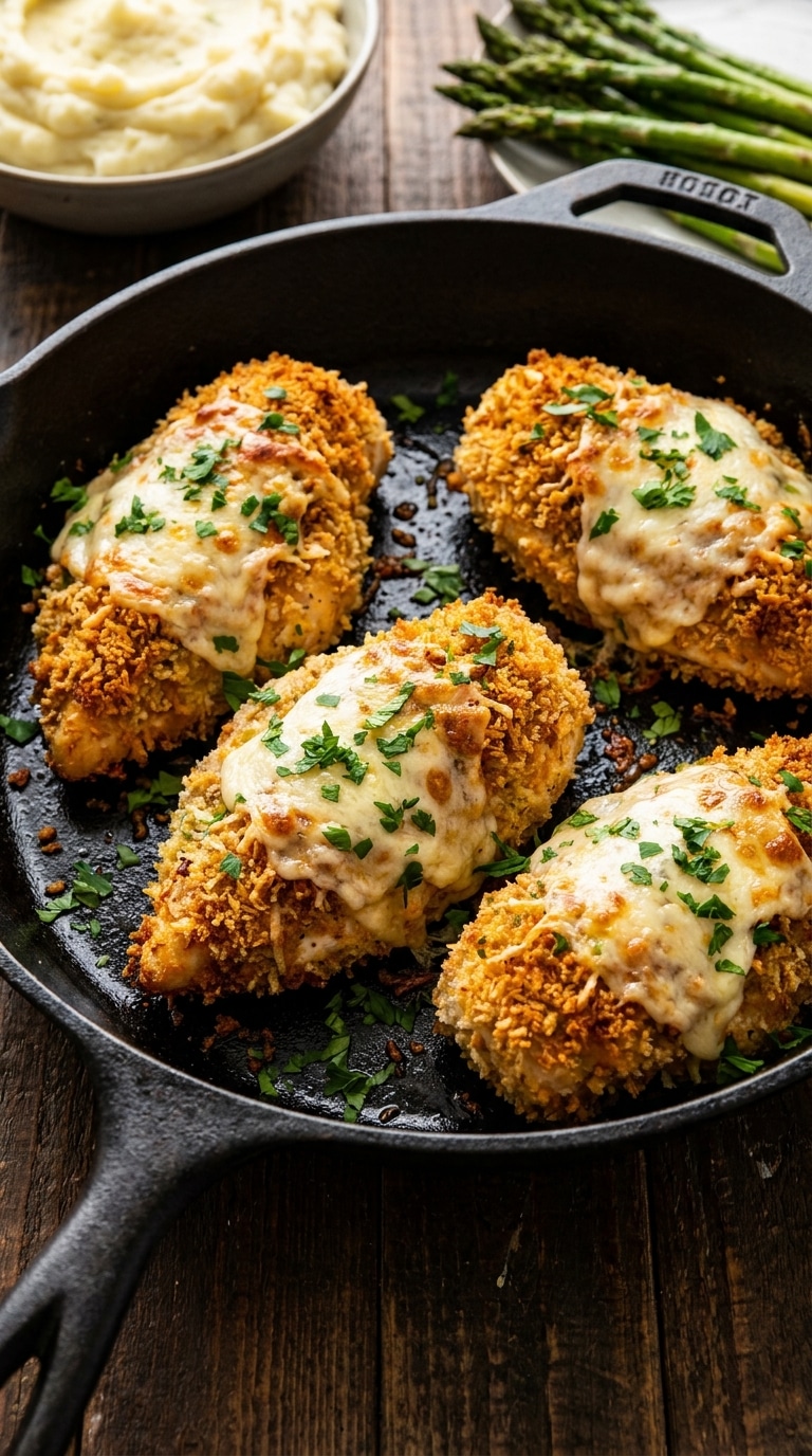 A cast iron skillet filled with four parmesan crusted chicken breasts topped with melted provolone and golden panko breadcrumbs.