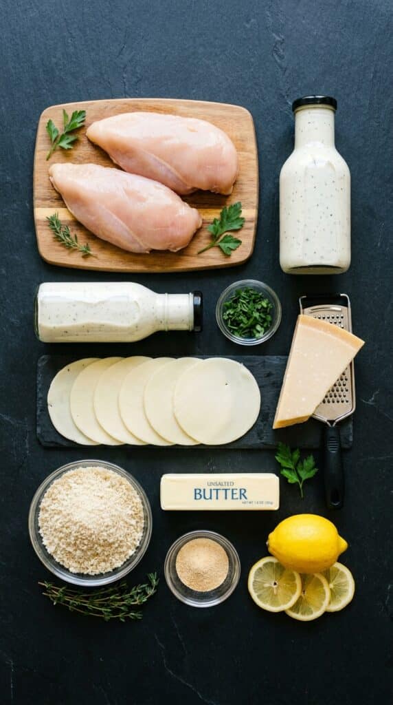 A flat lay showing raw chicken, ranch dressing, provolone cheese, parmesan, panko breadcrumbs, and butter on a dark slate board.