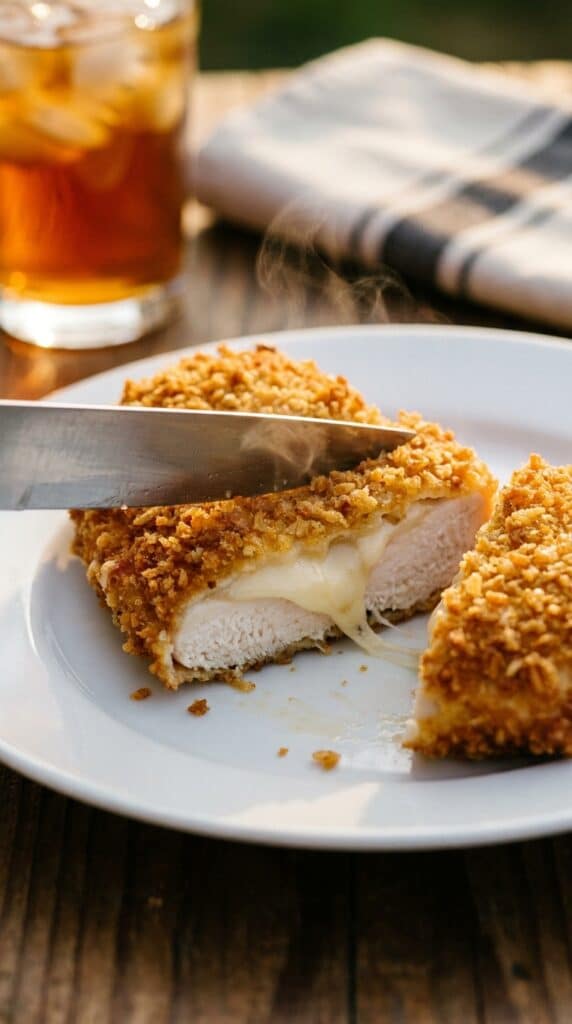 A close-up of a knife slicing into a juicy piece of parmesan crusted chicken, showing the melted cheese and crispy breadcrumb layers.