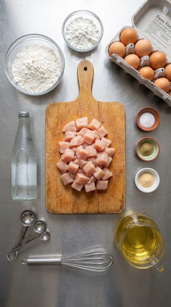 A flat lay showing raw chicken breast, flour, cornstarch, club soda, eggs, spices, and frying oil on a stainless steel table.