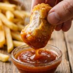 A close-up of a hand dipping a half-eaten chicken nugget into sweet and sour sauce, revealing a juicy white meat interior.