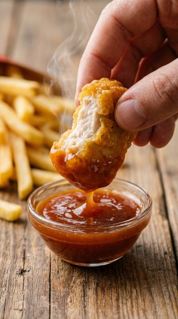 A close-up of a hand dipping a half-eaten chicken nugget into sweet and sour sauce, revealing a juicy white meat interior.