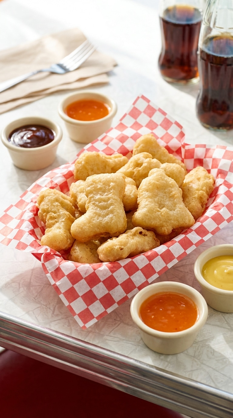 A red and white checkered basket filled with golden crispy chicken nuggets, surrounded by dipping sauces like BBQ, sweet and sour, and honey mustard.