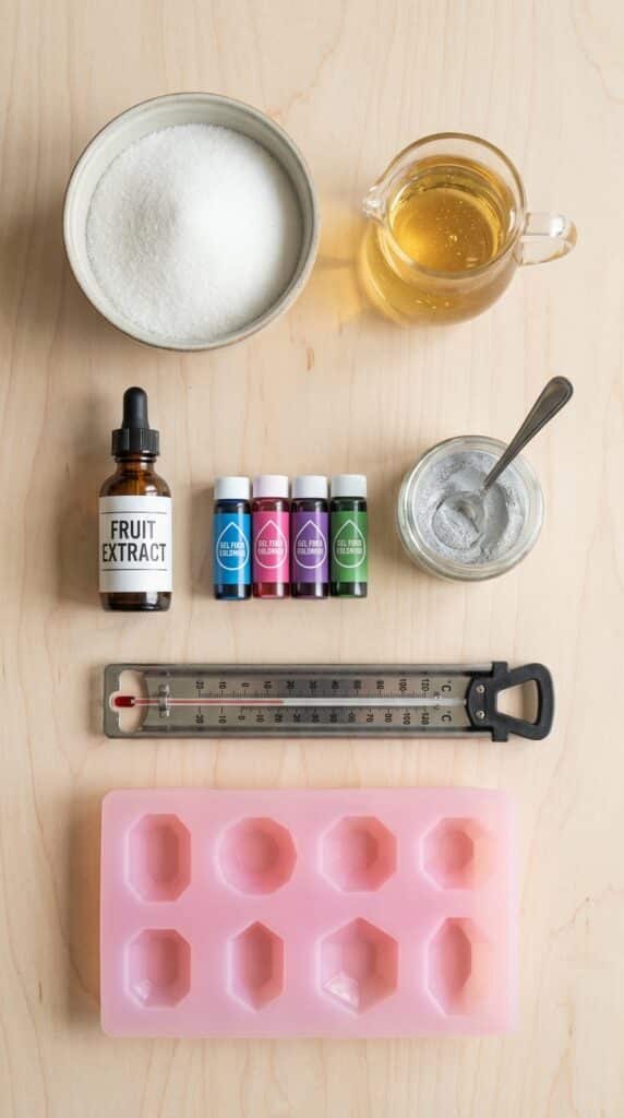 A flat lay of candy-making supplies including sugar, corn syrup, food coloring, edible luster dust, a thermometer, and a silicone gemstone mold.