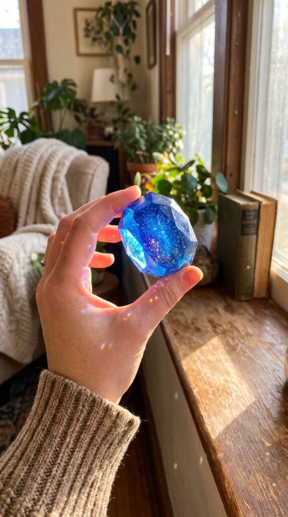 A playful, lifestyle-oriented shot showing the candy being held up to light. The interaction with the light source is essential here to show the transparency of the candy, making it look like a magical artifact.