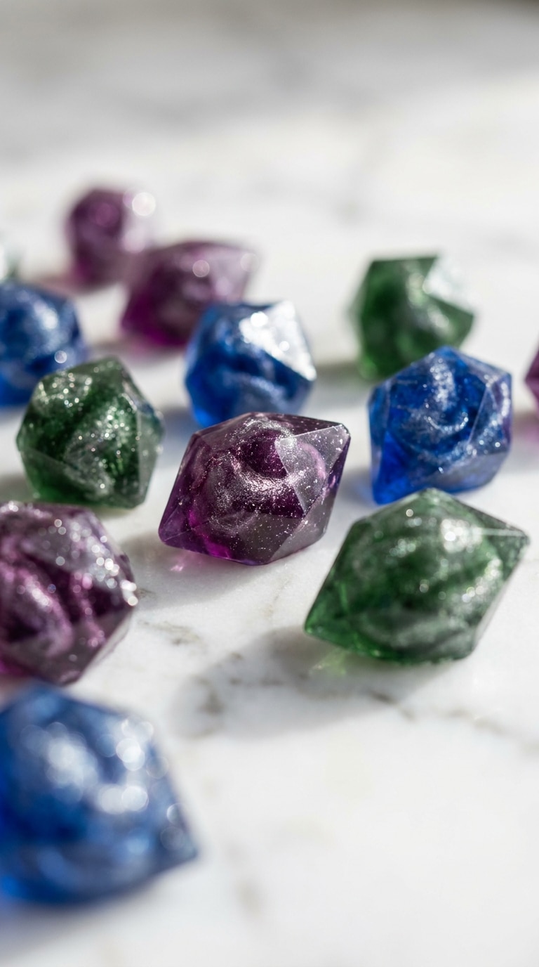 A collection of colorful, translucent, crystal-shaped hard candies filled with shimmering edible glitter on a marble background.