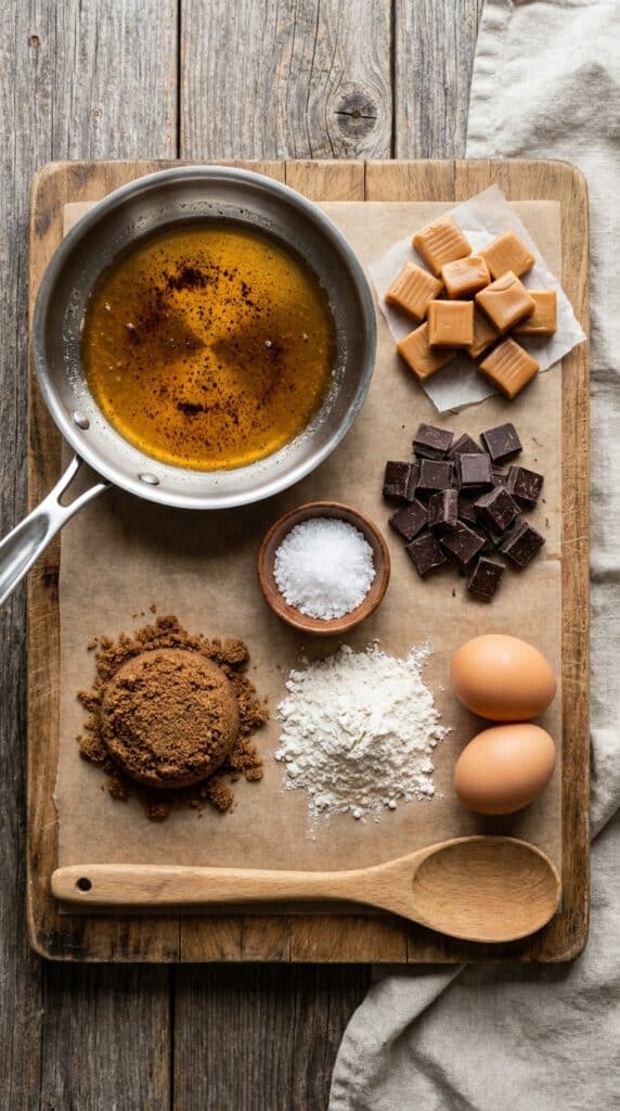 A flat lay showing a skillet of browned butter, soft caramels, dark chocolate chunks, flaky sea salt, dark brown sugar, and flour on a wooden board.
