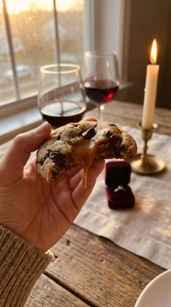A close-up of a hand holding a half-eaten caramel-stuffed chocolate chip cookie, with a romantic candlelit dinner and a velvet ring box blurred in the background.