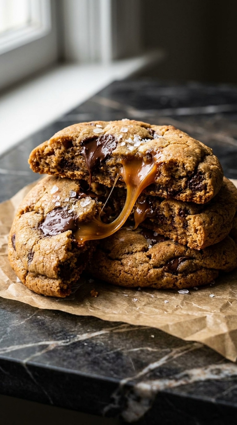 A thick brown butter chocolate chip cookie broken in half, showing a long stretch of gooey melted caramel in the center, topped with flaky sea salt.
