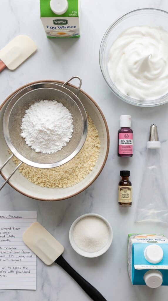 A flat lay showing a sieve with almond flour, a bowl of stiff egg white meringue, pink food coloring, vanilla, and a piping bag on a pastel surface.