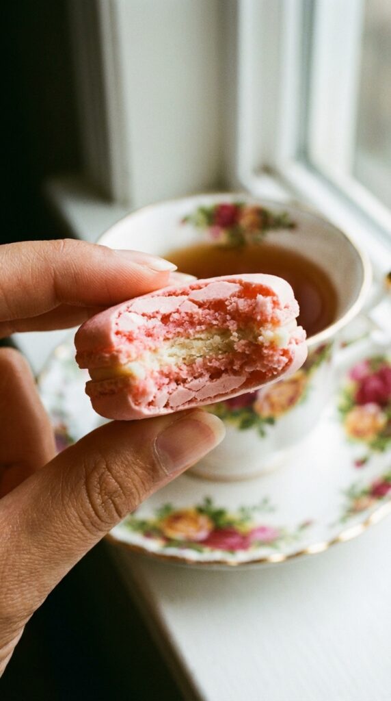 A close-up of a hand holding a pink macaron with a bite taken out, showing the chewy interior and buttercream filling, with a teacup in the background.