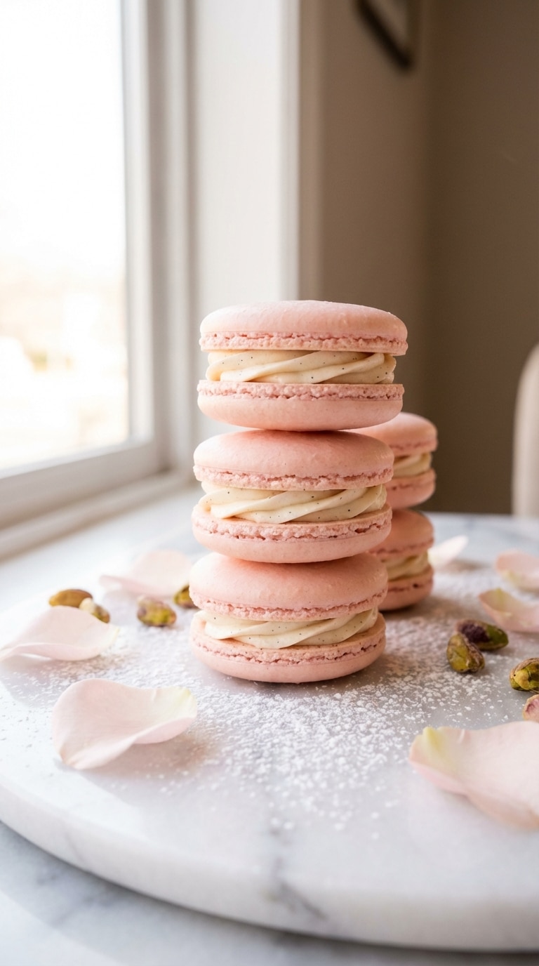 A delicate stack of soft pink French macarons with ruffled feet and vanilla buttercream filling on a white marble board.