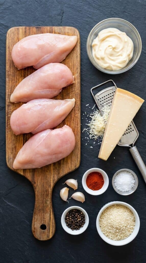 A flat lay showing raw chicken breasts, mayonnaise, a parmesan wedge, garlic, and spices on a dark slate board.