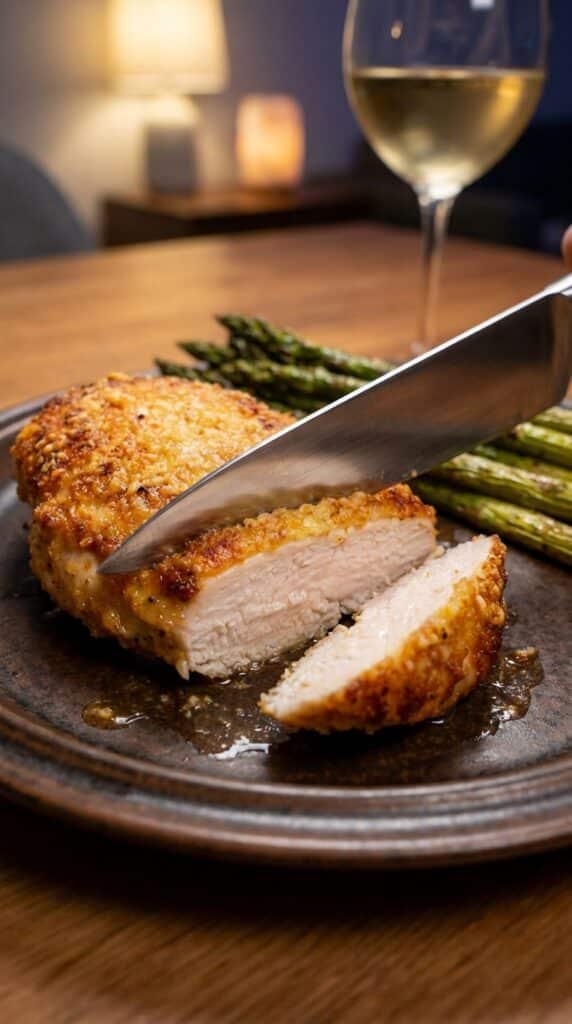 A close-up of a knife slicing into a juicy, parmesan-crusted chicken breast, revealing moist white meat inside.