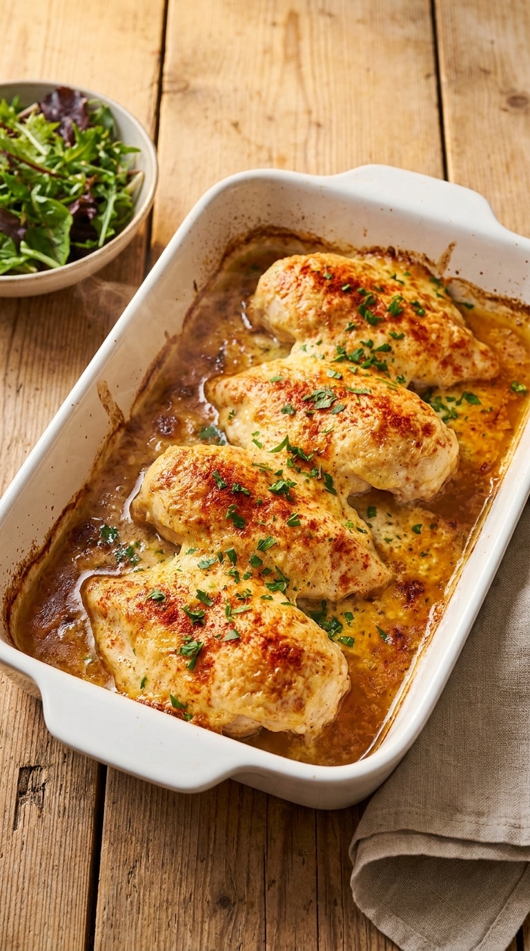 A top-down view of a white baking dish containing four chicken breasts with a golden-brown parmesan crust and cooking juices.