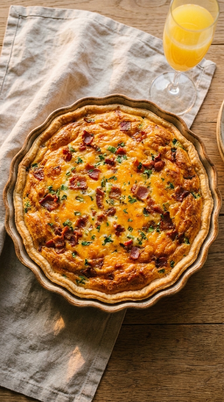 A slightly overhead view of a golden-brown, homemade Mississippi Sin Quiche filled with bacon and cheese, sitting in a ceramic dish on a rustic wood table.