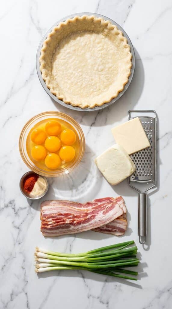 A flat lay view on white marble showing a pie crust, raw eggs, a block of cheddar, bacon strips, spices, and green onions.