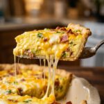 A dramatic close-up of a single slice of Mississippi Sin Quiche being lifted, revealing a dense, creamy, cheesy center and creating a long string of melted cheese.