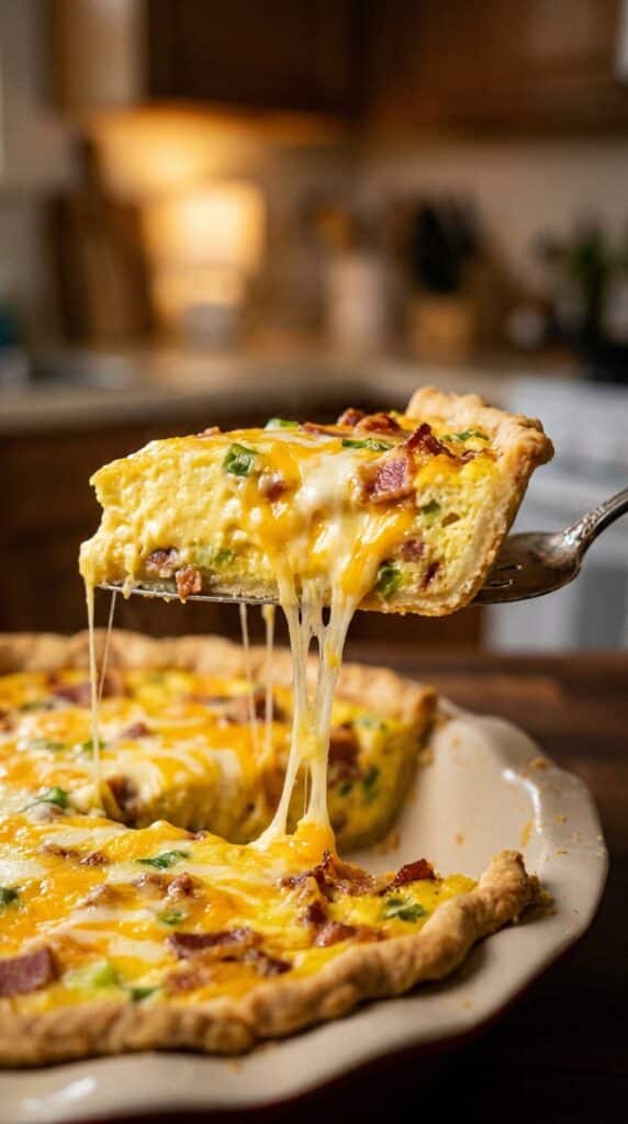 A dramatic close-up of a single slice of Mississippi Sin Quiche being lifted, revealing a dense, creamy, cheesy center and creating a long string of melted cheese.