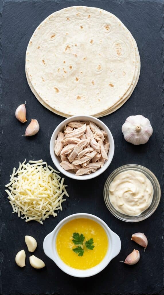 A flat lay showing flour tortillas, shredded chicken, mozzarella cheese, melted butter, garlic, and parsley on a dark slate board.