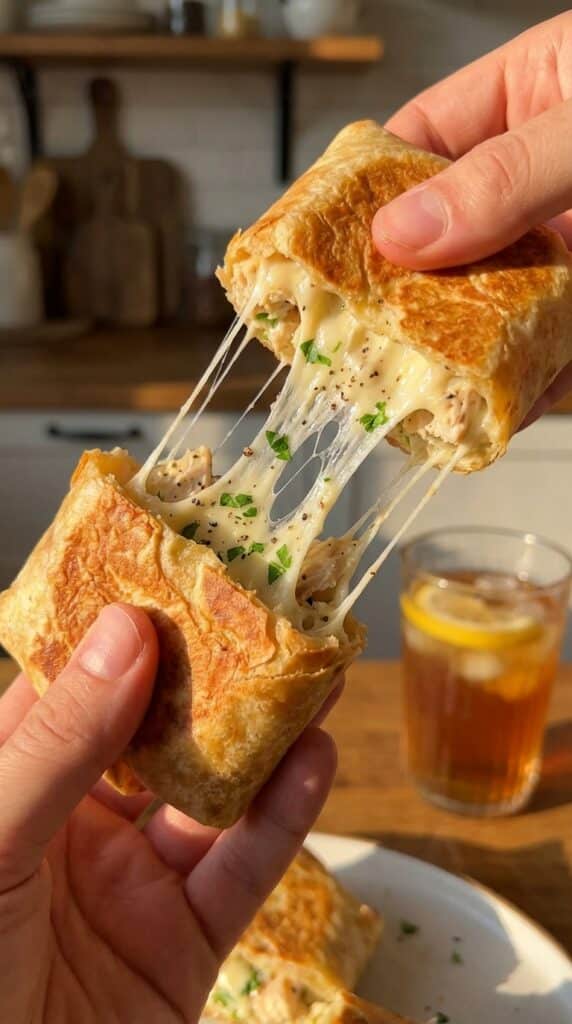 A close-up of hands pulling apart a toasted chicken wrap, creating a massive, stringy stretch of melted mozzarella cheese.