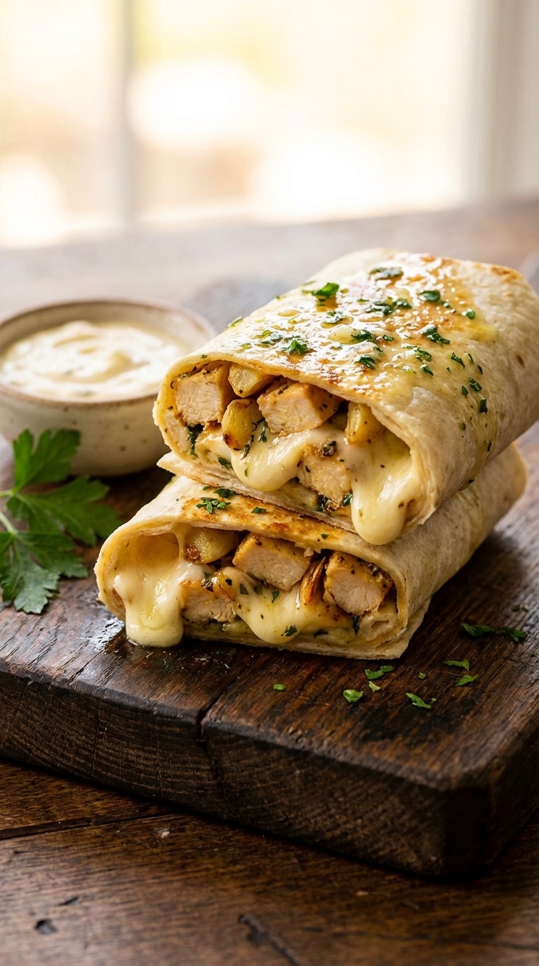 A sliced, toasted chicken wrap on a wooden board showing melted mozzarella cheese and juicy chicken inside a golden garlic-herb tortilla crust.