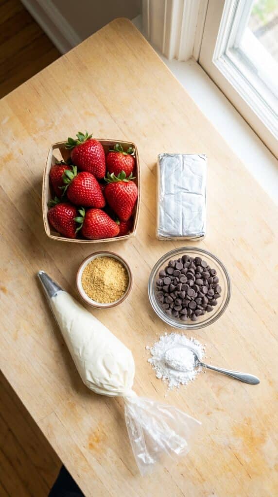 A flat lay showing fresh strawberries, cream cheese, dark chocolate chips, graham cracker crumbs, and a piping bag on a wooden board.