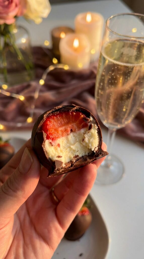 A close-up of a hand holding a chocolate-dipped strawberry with a bite taken out, revealing a white cheesecake center and juicy red berry.