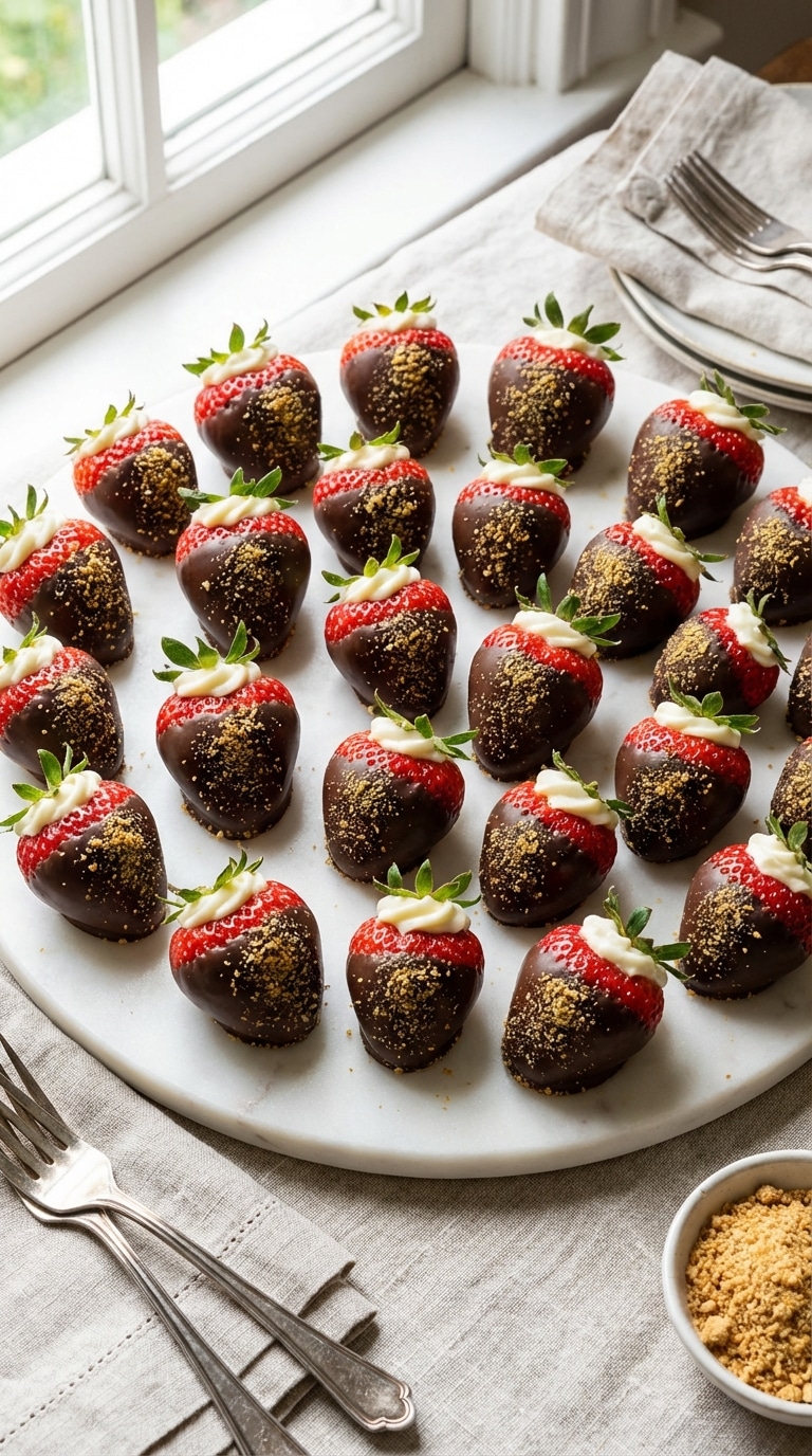 A marble platter filled with fresh red strawberries stuffed with white cheesecake filling, dipped in chocolate, and dusted with graham cracker crumbs.