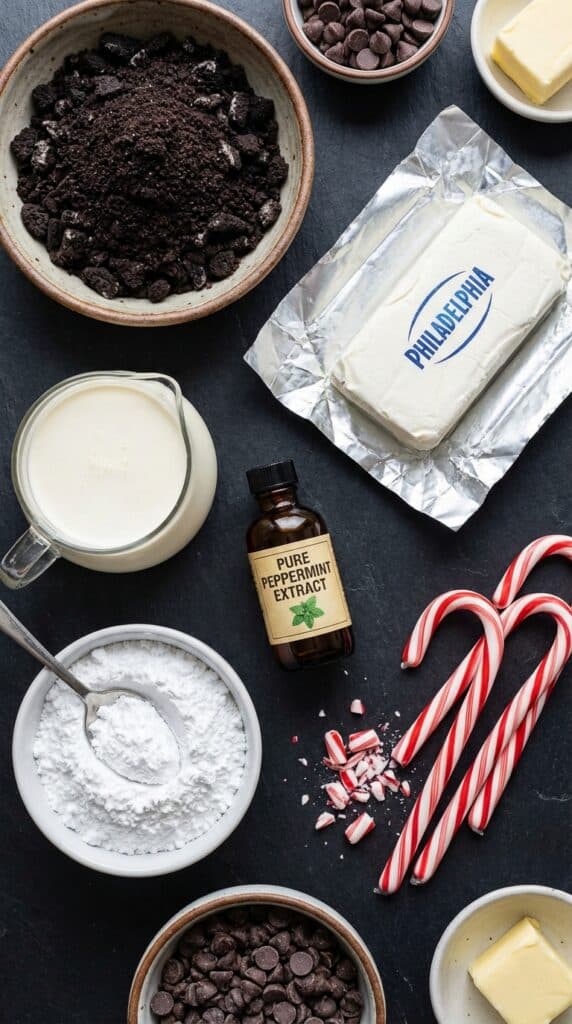 A flat lay showing crushed chocolate cookies, cream cheese, heavy cream, powdered sugar, peppermint extract, and candy canes on a dark slate board.