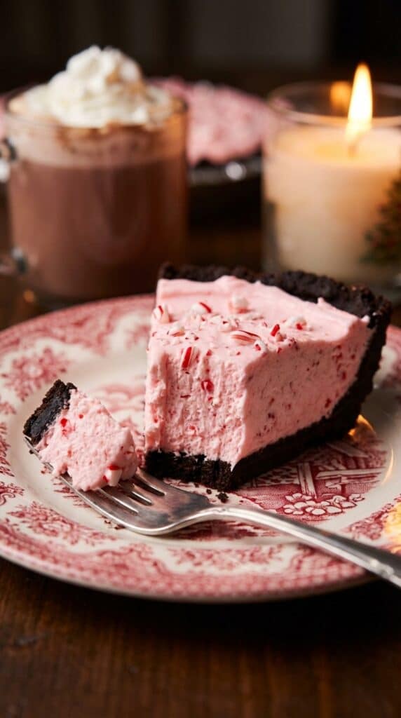 A close-up of a slice of pink peppermint pie with a chocolate crust on a festive plate, showing a fluffy texture with candy cane pieces.