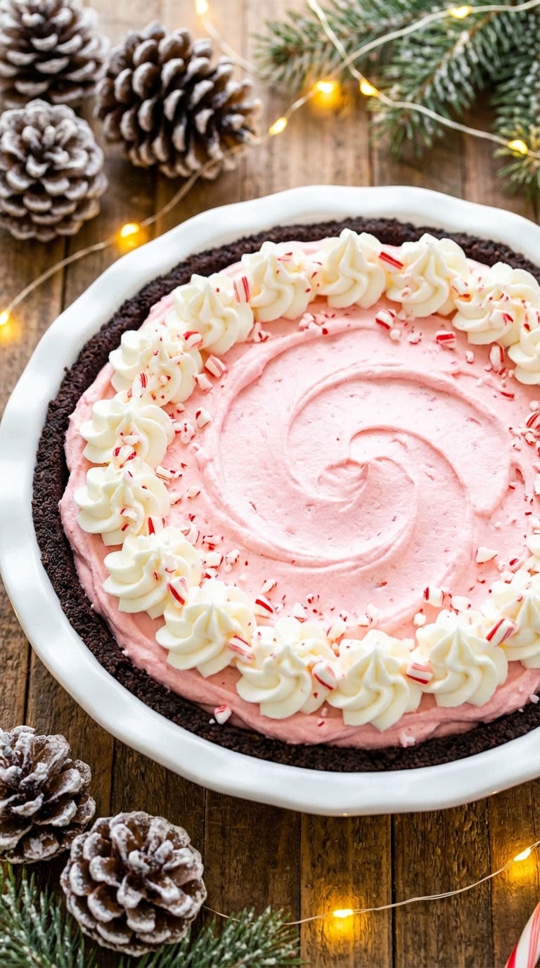 A whole peppermint pie with a chocolate crust, pink creamy filling, and crushed candy canes on a wooden table with Christmas lights.