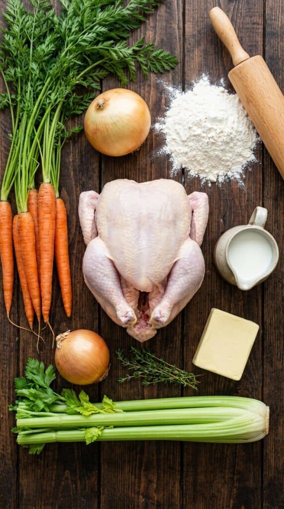 A flat lay showing a whole raw chicken, carrots, celery, onion, flour, butter, milk, thyme, and a rolling pin on a wooden board.
