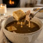 A close-up of a soup spoon holding a flat rolled dumpling and shredded chicken coated in thick gravy.