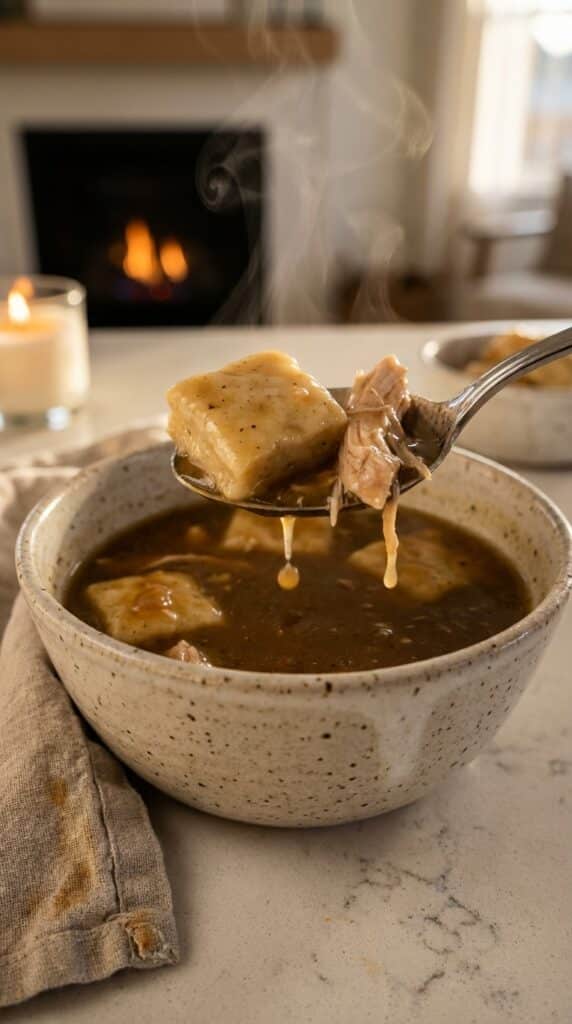 A close-up of a soup spoon holding a flat rolled dumpling and shredded chicken coated in thick gravy.