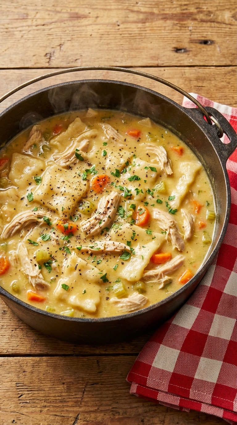 A top-down view of a cast-iron pot filled with thick chicken broth, shredded chicken, and flat rolled dumplings.