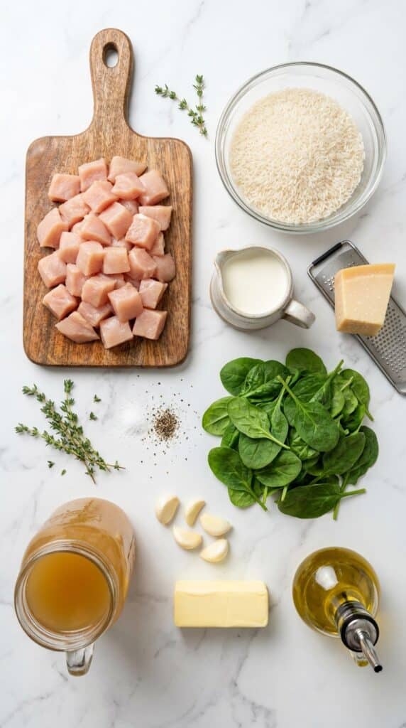 A flat lay showing raw diced chicken, uncooked rice, heavy cream, parmesan wedge, spinach, broth, and garlic on a marble board.
