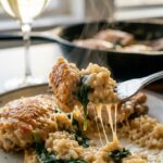 A close-up of a fork lifting a bite of creamy chicken, rice, and spinach coated in a glossy parmesan sauce, with wine in the background.