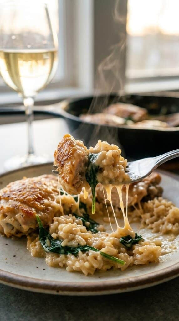 A close-up of a fork lifting a bite of creamy chicken, rice, and spinach coated in a glossy parmesan sauce, with wine in the background.