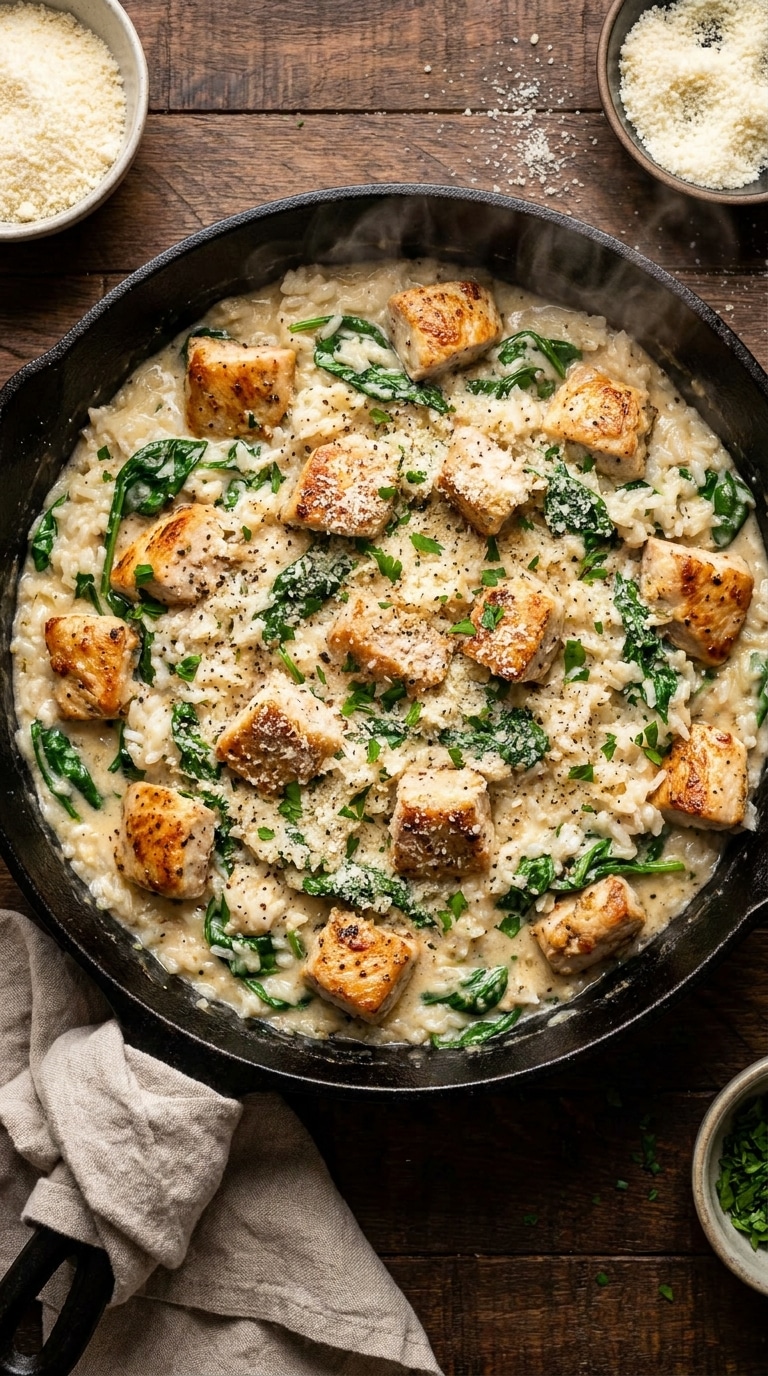 A top-down view of a cast iron skillet filled with creamy parmesan rice, golden seared chicken pieces, and wilted spinach.