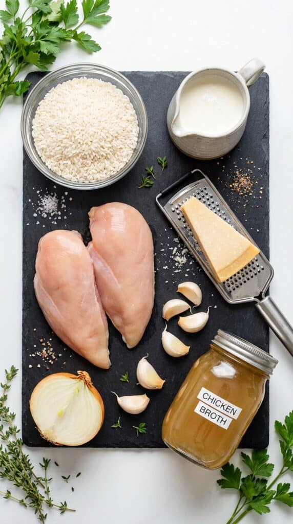 A flat lay showing raw chicken, dry white rice, heavy cream, parmesan cheese, garlic, onion, and chicken broth on a dark slate board.