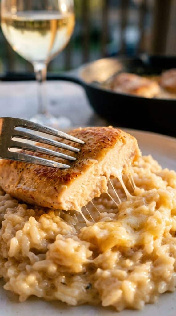 A close-up of a fork cutting into seared chicken over a bed of glossy, creamy parmesan rice on a plate.