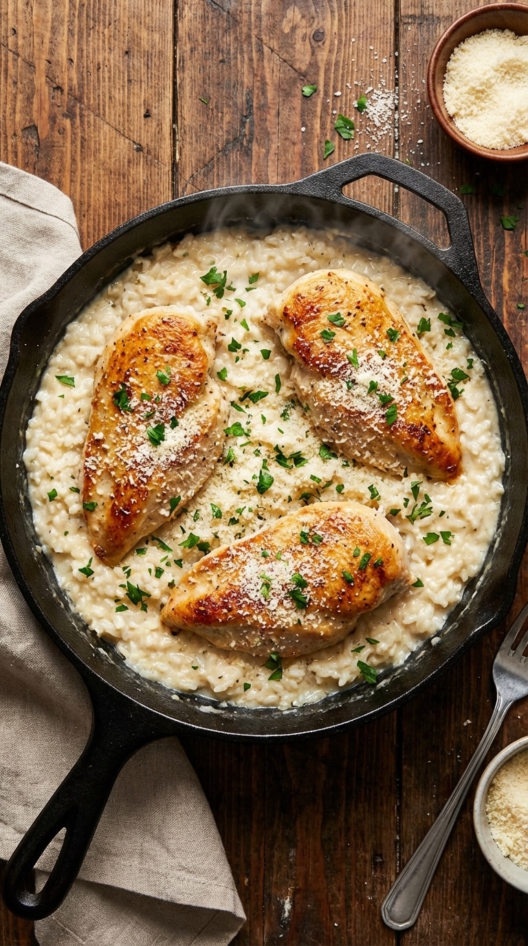 A top-down view inside a cast iron skillet filled with golden seared chicken breasts nestled in creamy parmesan rice, garnished with parsley.