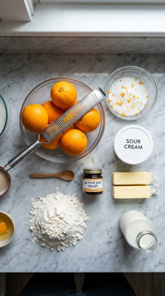 A flat lay showing fresh oranges, orange zest sugar, sour cream, butter, flour, yeast, and eggs on a marble board.