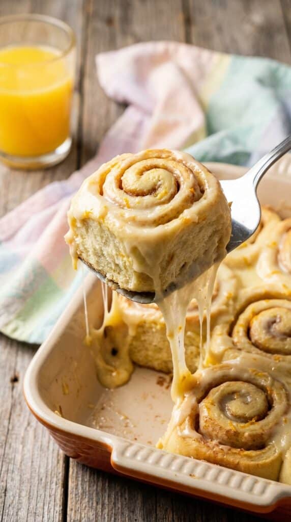 A close-up of a spatula lifting a gooey orange roll from a pan, showing a stretch of melted glaze and soft dough spirals.