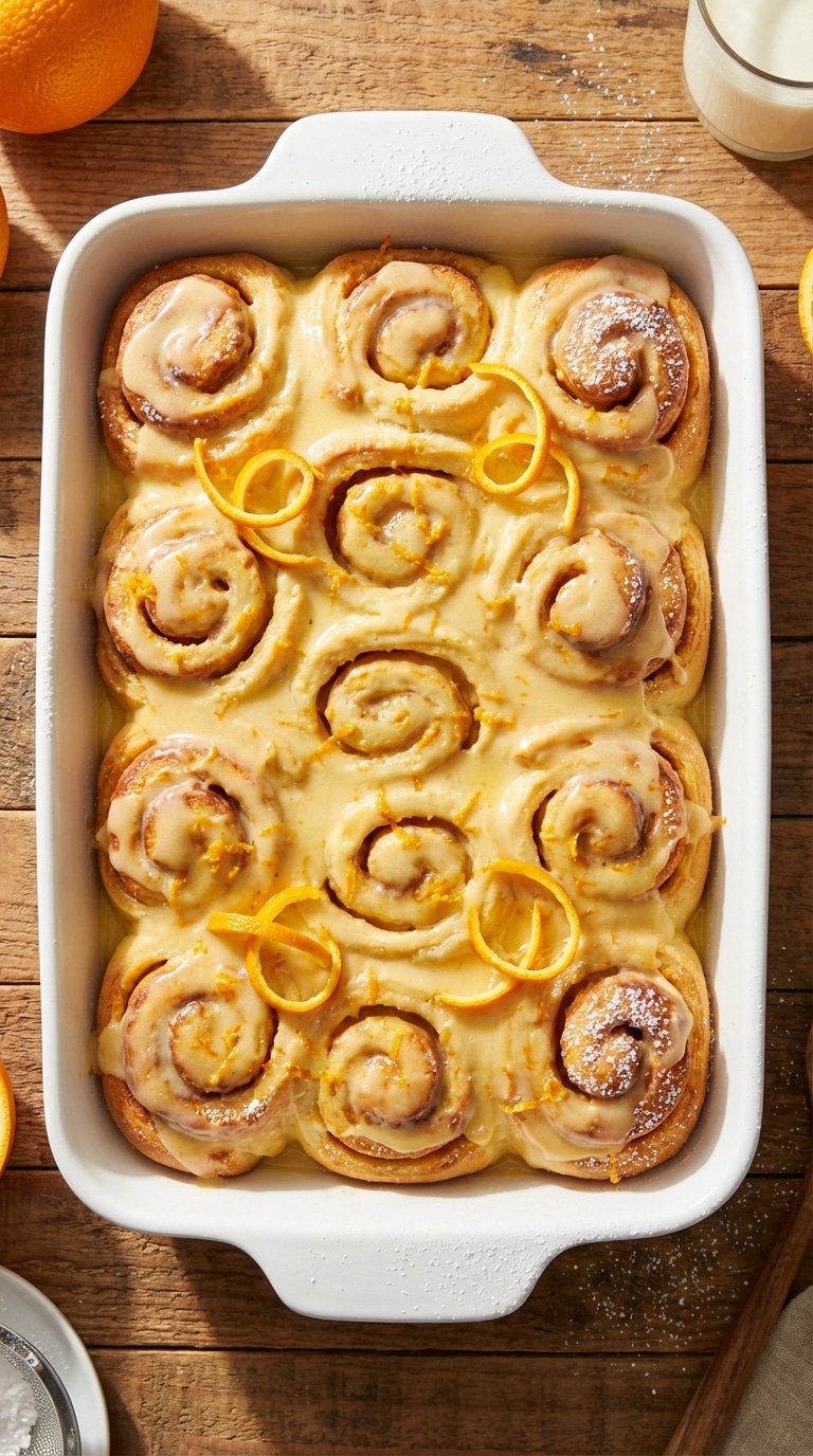 A baking dish filled with fluffy sweet rolls swirled with orange zest and smothered in a glossy warm sour cream glaze.