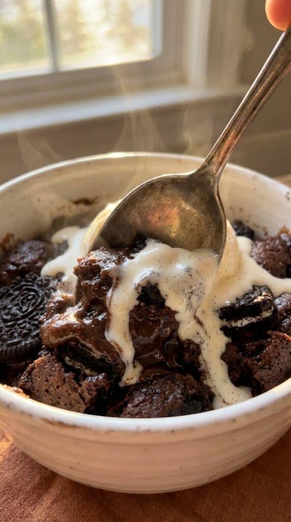 A close-up of a hand holding a chocolate-dipped strawberry with a bite taken out, revealing a white cheesecake center and juicy red berry.